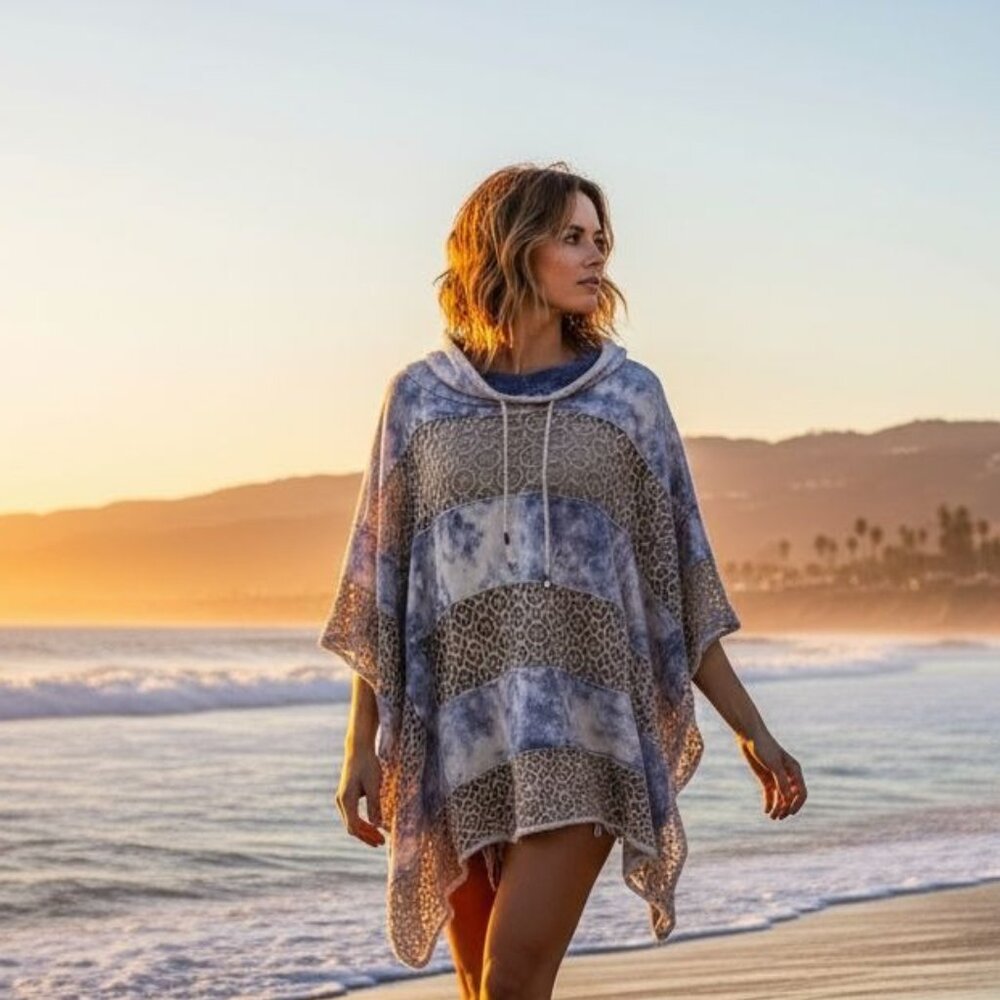 Free People Poncho Sweater Boho Chic Women Hoodie Poncho With Lace Tie-Dye Patte